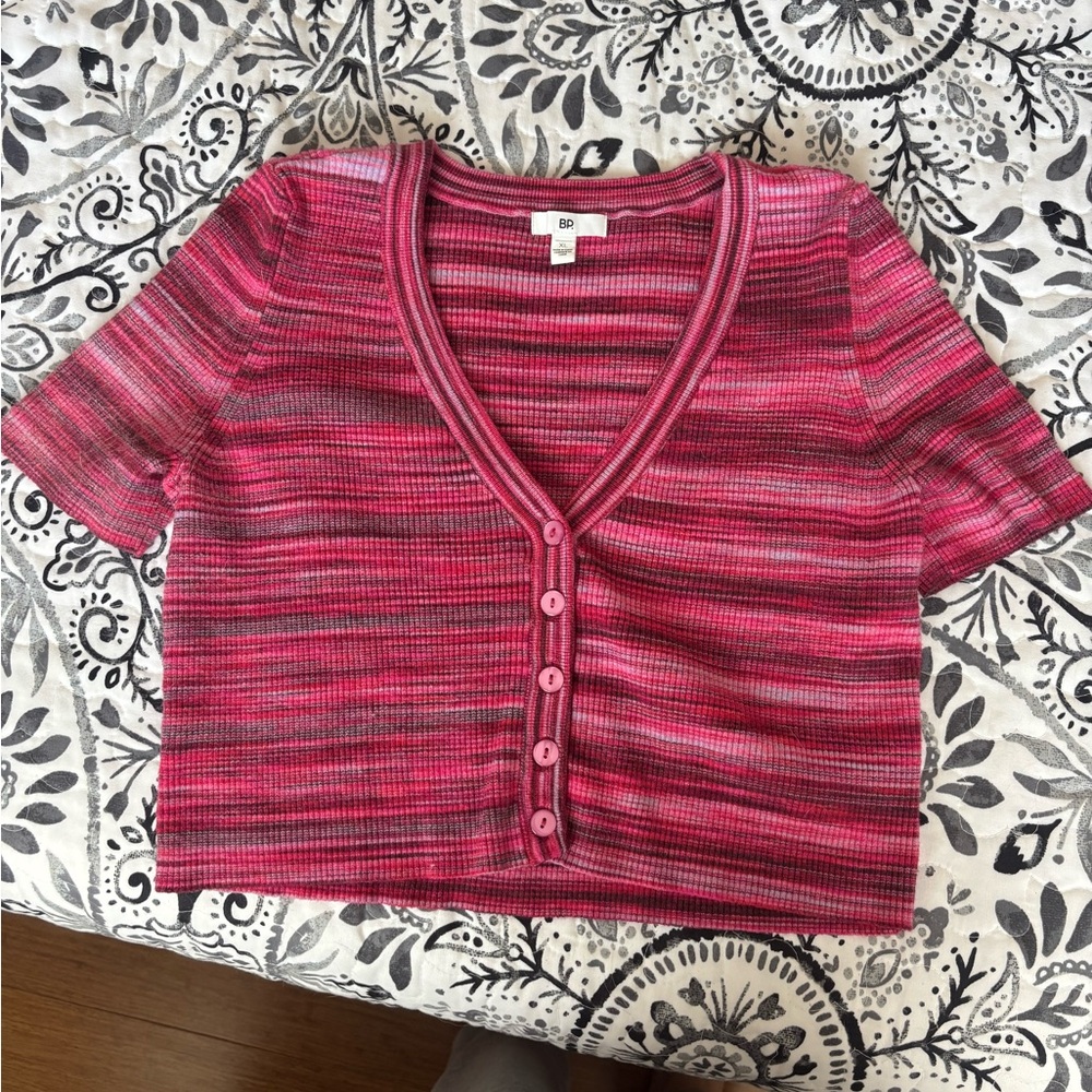Pink and Red Striped Button-Up Crop Top